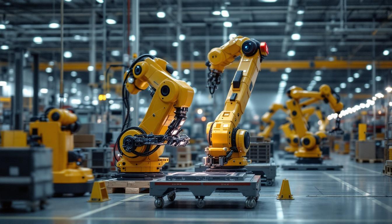 A photograph of a bustling ceva logistics warehouse featuring advanced industrial robots in action