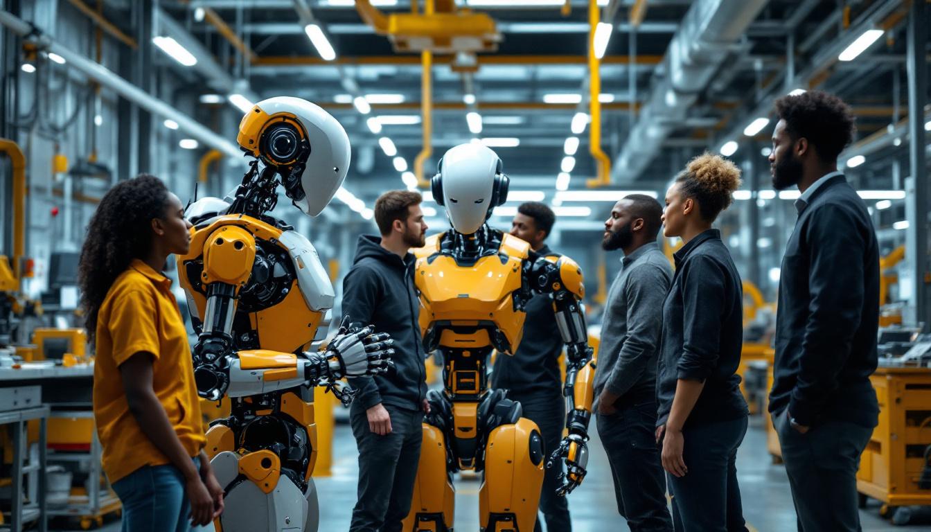 A photograph of a diverse group of people of varying heights and weights interacting with an industrial robot in a modern manufacturing setting