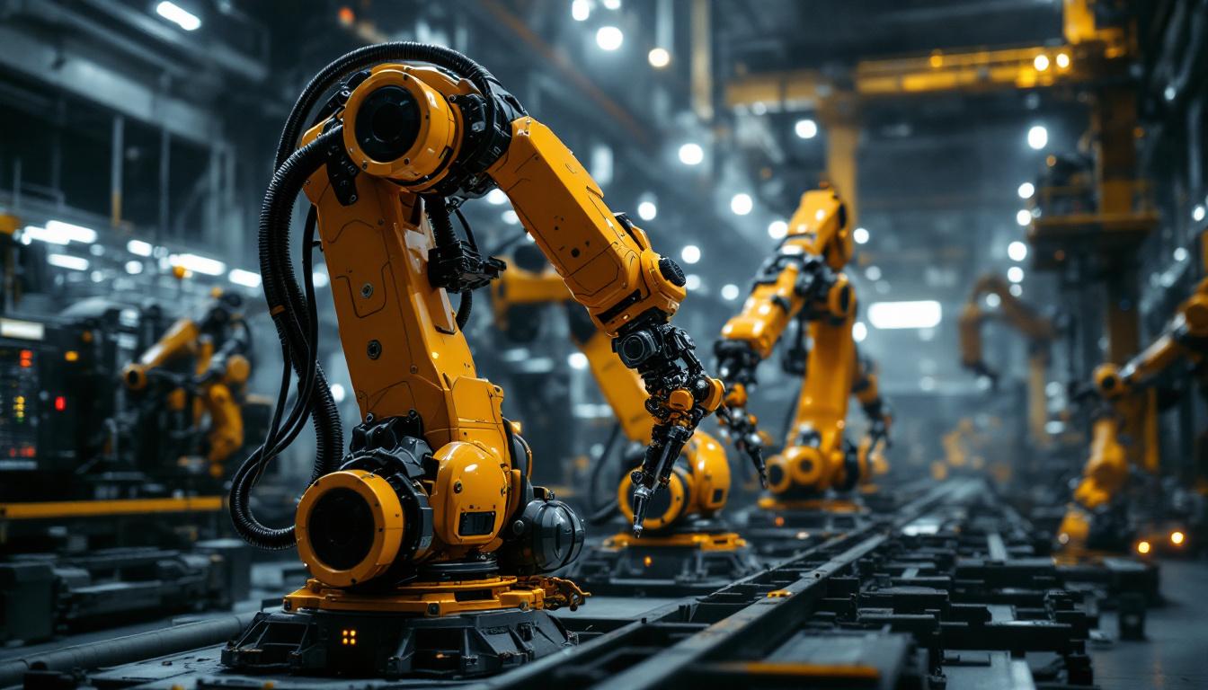 A photograph of a dynamic industrial setting showcasing advanced robotics in action