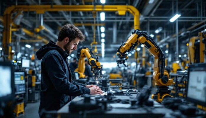 A photograph of capture a photograph of a dynamic industrial workspace featuring agile tech labs in action