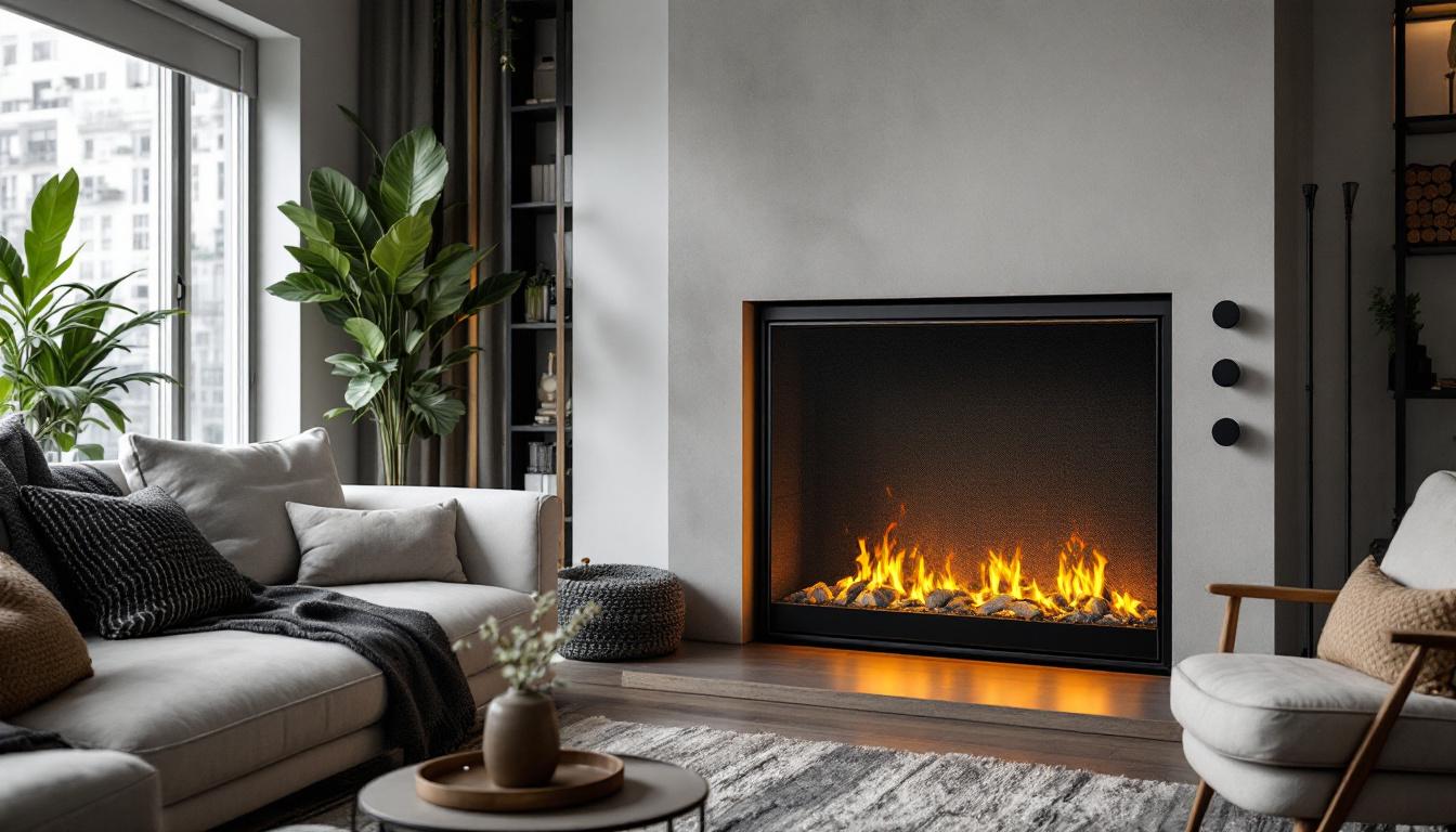 A photograph of a stylish spark guard fireplace screen in a cozy living room setting