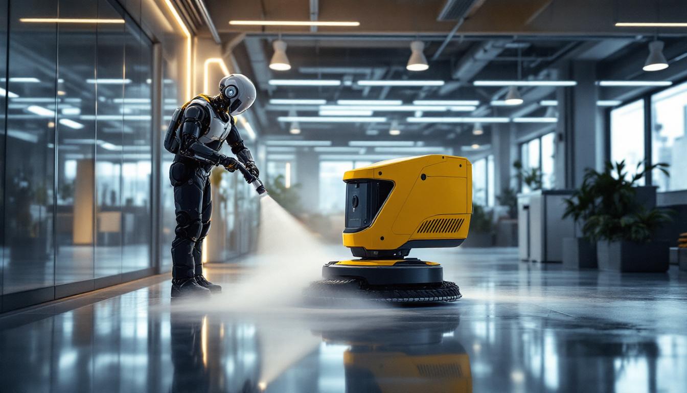 A photograph of a modern industrial robot in action as it efficiently cleans a large commercial space in boston