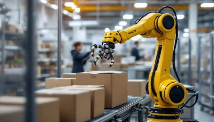 A photograph of a robotic arm efficiently unpacking containers in a modern industrial setting