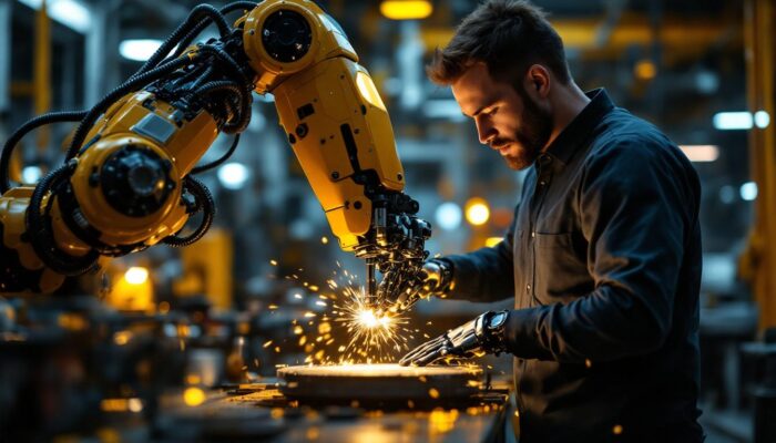 A photograph of a human interacting with a robotic arm in an industrial setting