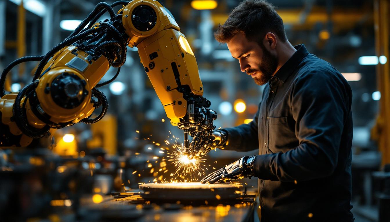 A photograph of a human interacting with a robotic arm in an industrial setting