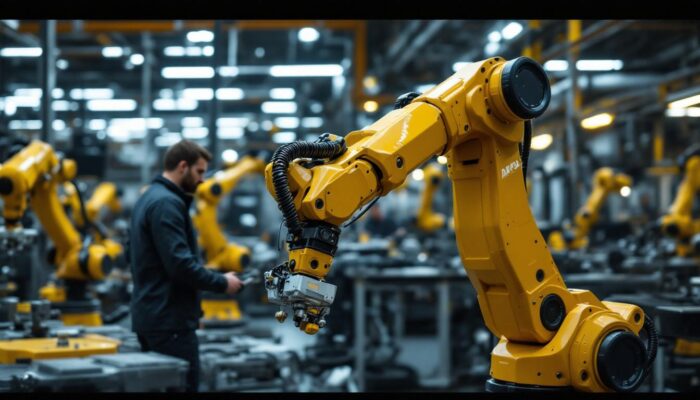 A photograph of a dynamic industrial robotics environment
