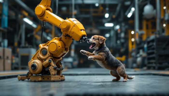 A photograph of a dynamic scene featuring a playful dog interacting with a robotic arm in an industrial setting