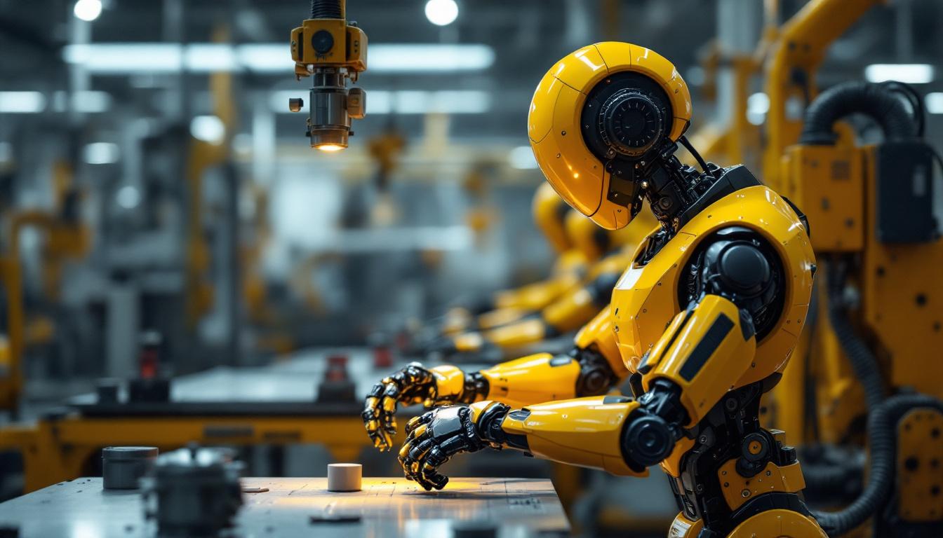 A photograph of a sleek industrial robot in action on a factory floor