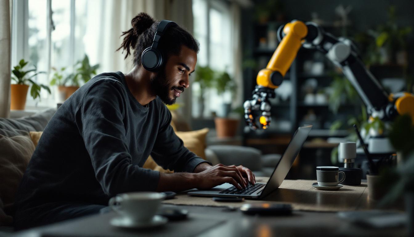 A photograph of a person using a laptop in a cozy home environment