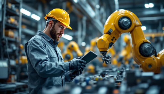 A photograph of a dynamic industrial setting showcasing a chemical engineer interacting with advanced industrial robots