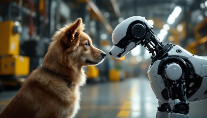 A photograph of a playful interaction between a real dog and a robotic dog in an industrial setting