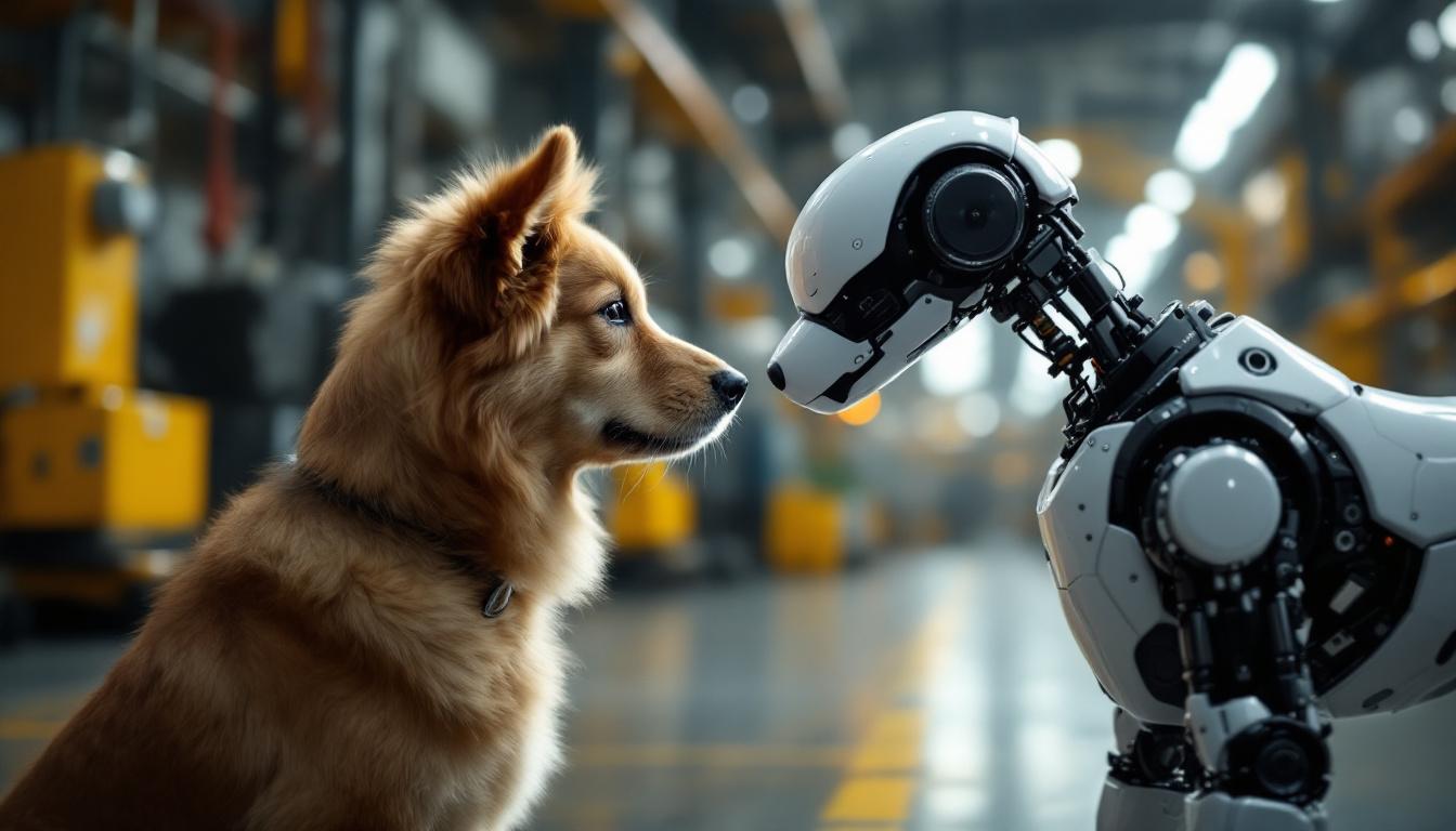 A photograph of a playful interaction between a real dog and a robotic dog in an industrial setting
