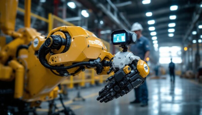 A photograph of capture a photograph of a terrain d.o.g. industrial robot in action