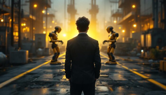 A photograph of a contemplative individual standing at a crossroads