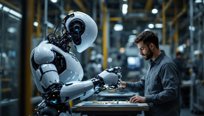 A photograph of a sleek industrial robot in action