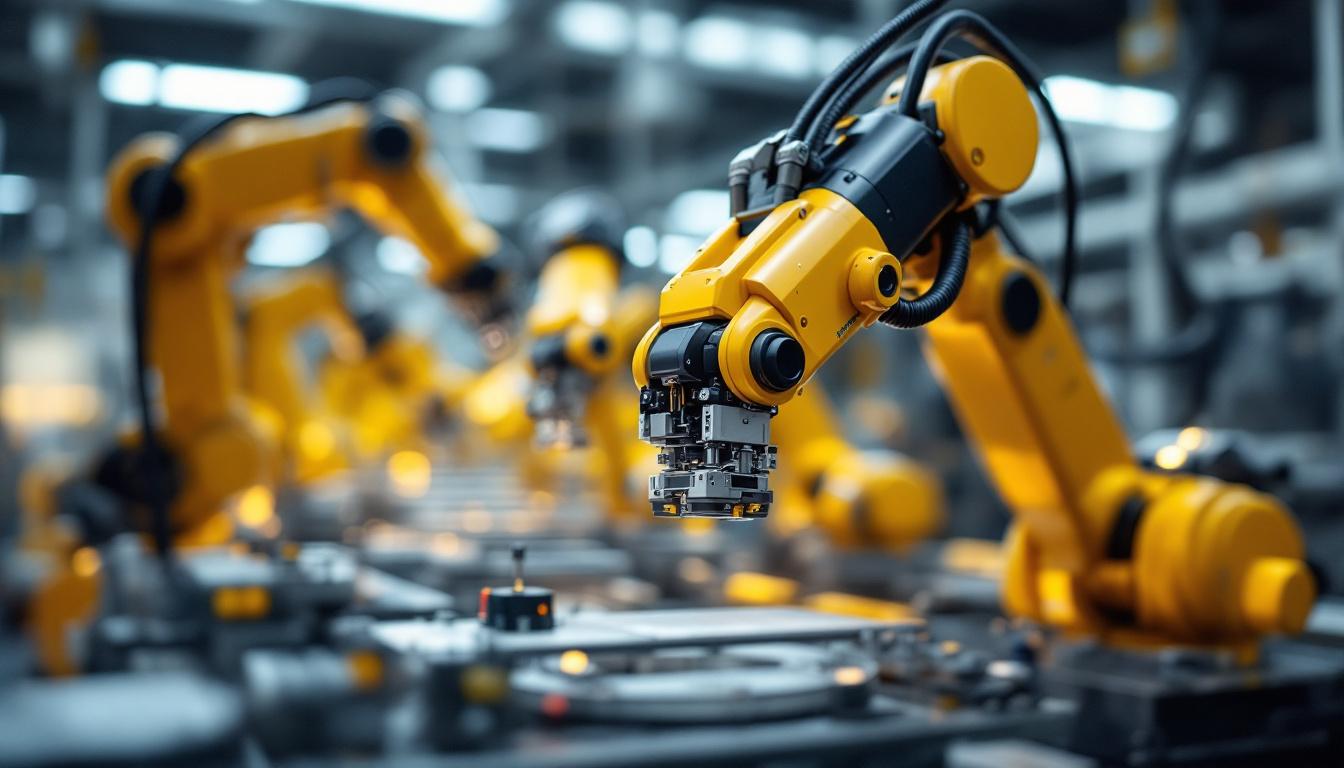 A photograph of a dynamic industrial robotics setup in a medical device manufacturing environment