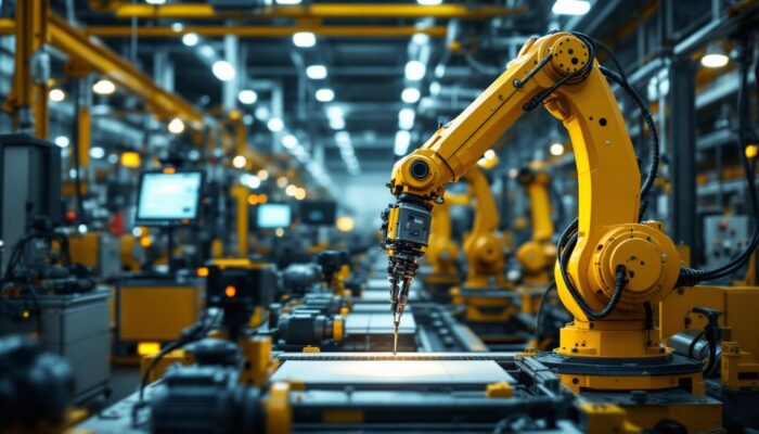 A photograph of a dynamic industrial setting featuring a robotic arm in action