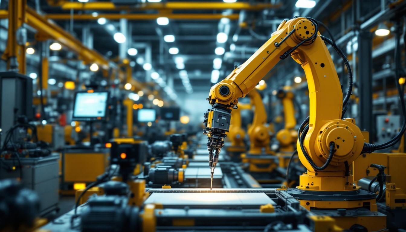 A photograph of a dynamic industrial setting featuring a robotic arm in action