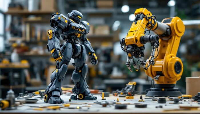 A photograph of a detailed mecha scale model alongside an industrial robotic arm in a workshop setting