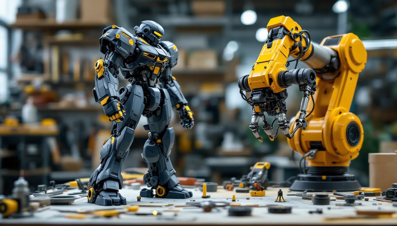 A photograph of a detailed mecha scale model alongside an industrial robotic arm in a workshop setting
