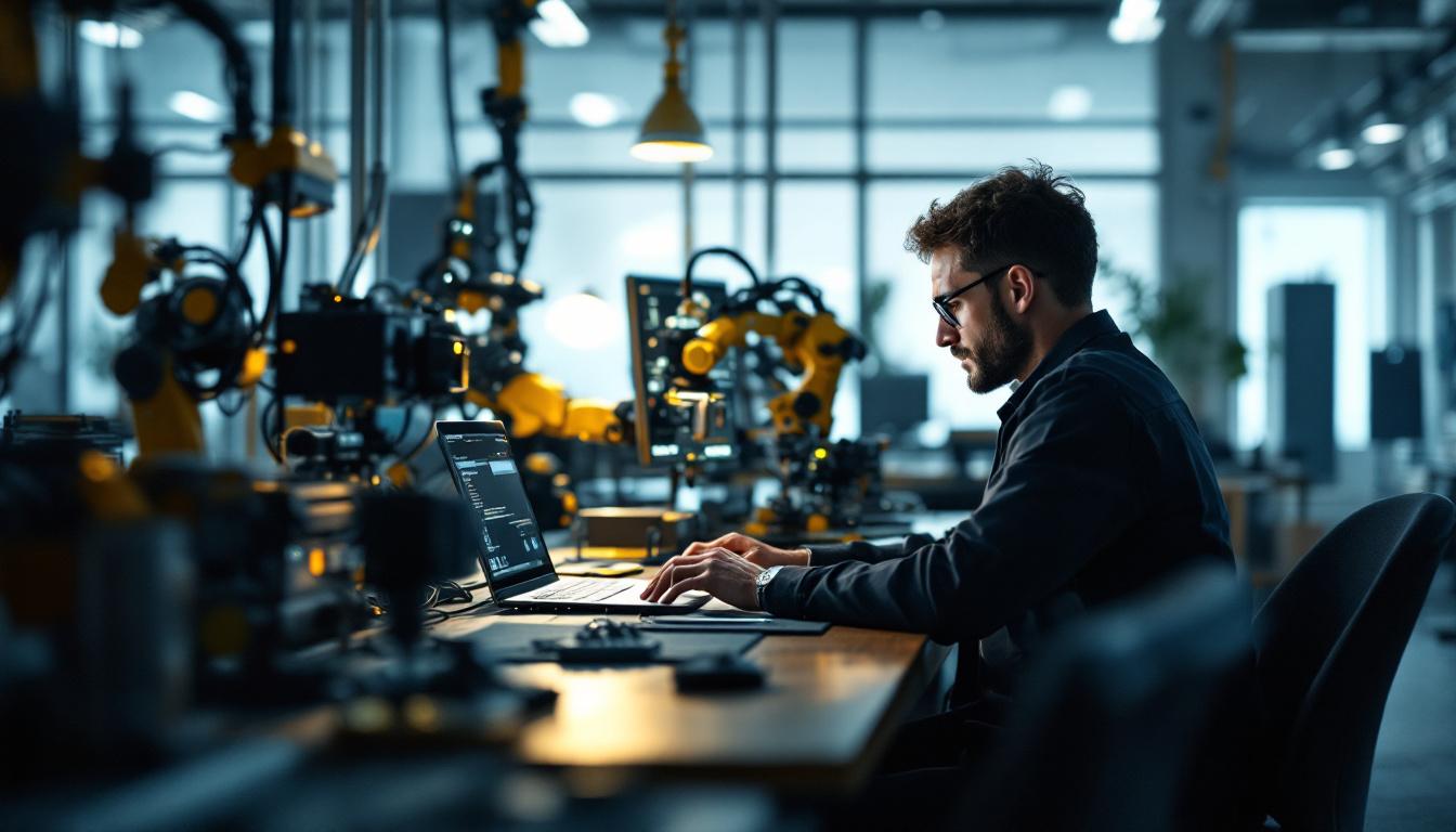 A photograph of a skilled engineer working remotely on a laptop