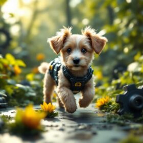 A photograph of a whimsical scene featuring a playful dog surrounded by lush greenery and industrial robotic elements