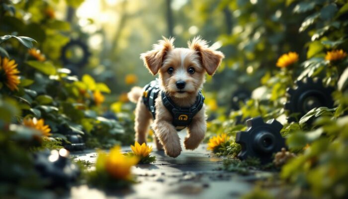 A photograph of a whimsical scene featuring a playful dog surrounded by lush greenery and industrial robotic elements