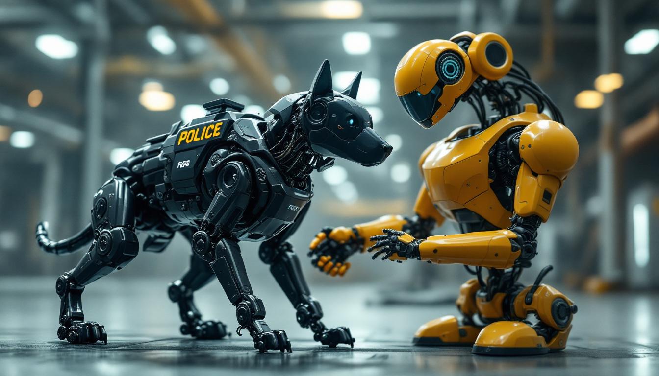 A photograph of a robotic police dog in action alongside an industrial robot in a dynamic environment