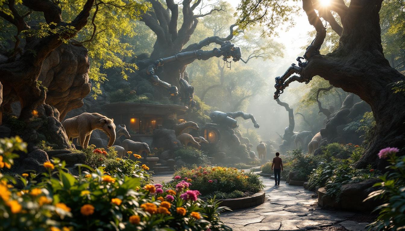 A photograph of a vibrant scene at the boston zoo featuring both the diverse animal exhibits and a glimpse of industrial robotics in action
