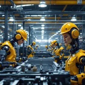 A photograph of a modern industrial setting showcasing both twin industries—such as manufacturing and logistics—integrated with advanced robotic systems in action