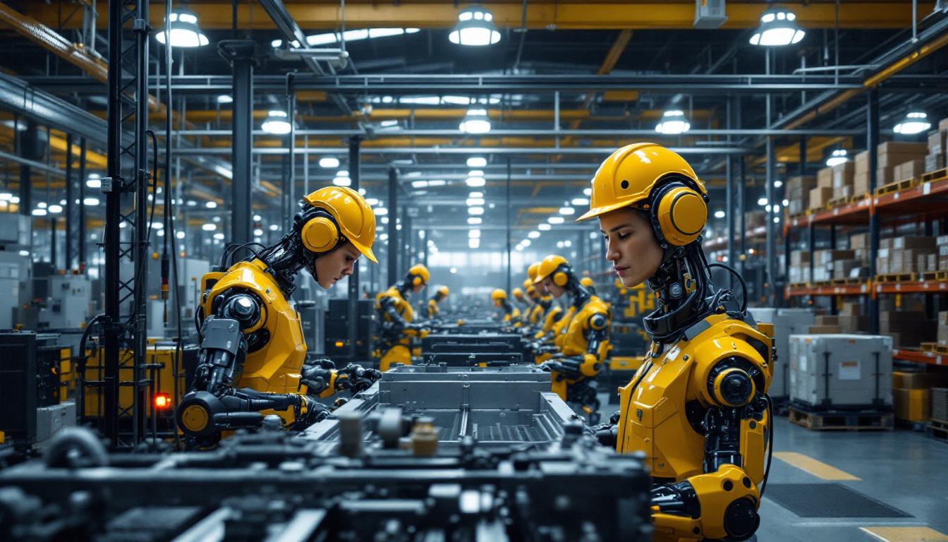 A photograph of a modern industrial setting showcasing both twin industries—such as manufacturing and logistics—integrated with advanced robotic systems in action