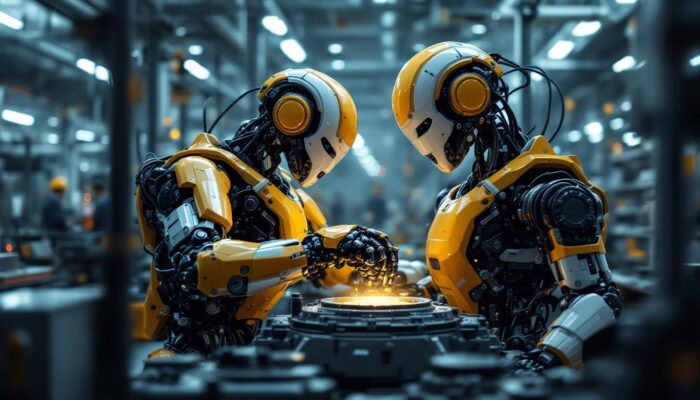 A photograph of a state-of-the-art industrial robot in action within a modern manufacturing facility