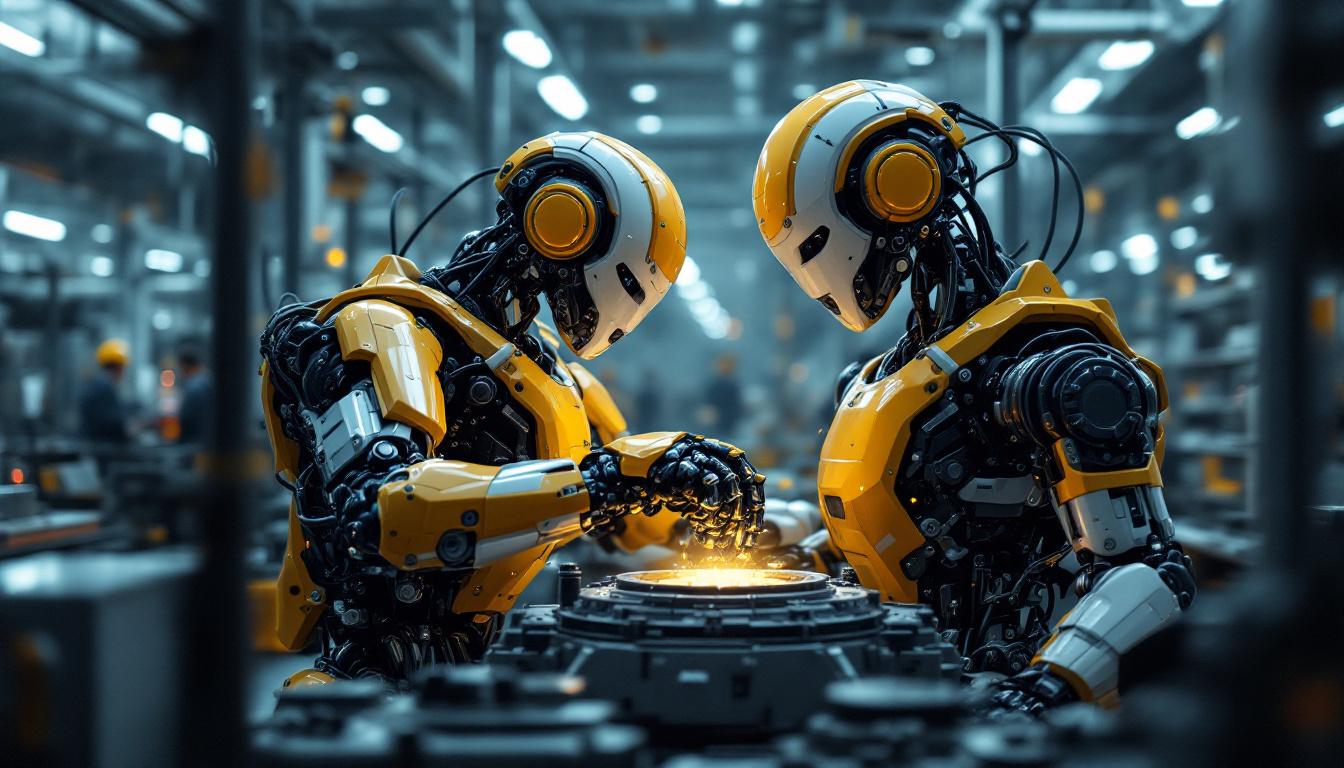 A photograph of a state-of-the-art industrial robot in action within a modern manufacturing facility