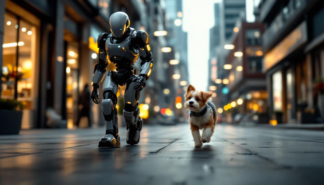 A photograph of a playful dog walking alongside a sleek industrial robot in a dynamic urban setting