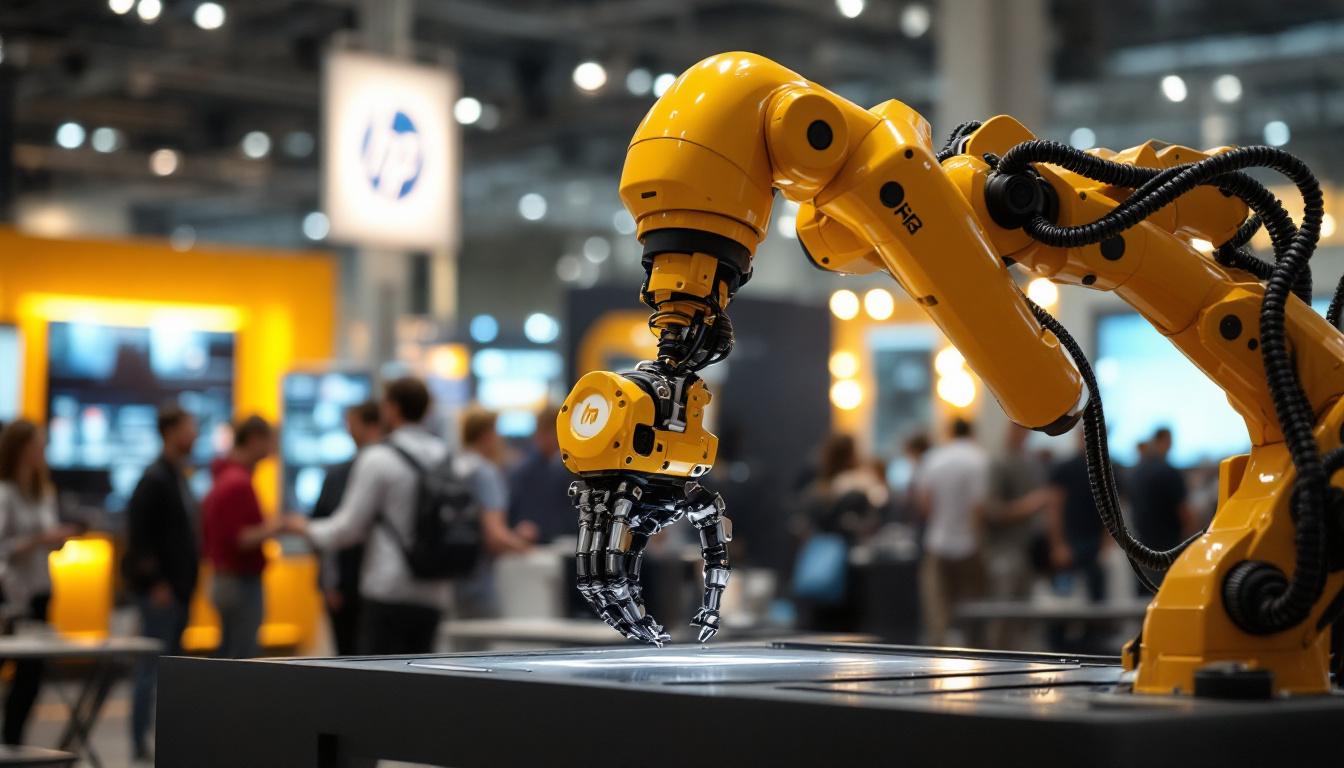 A photograph of a dynamic industrial robot in action at the hp exhibition in boston