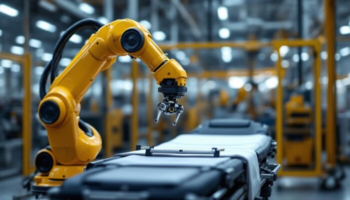 A photograph of a sleek industrial robotic arm in action
