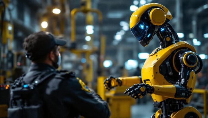 A photograph of a dynamic scene featuring a police scanner in action alongside a cutting-edge industrial robot at work