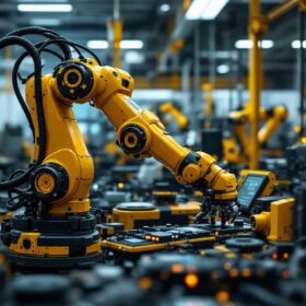 A photograph of a dynamic industrial setting showcasing an advanced robotic arm in action
