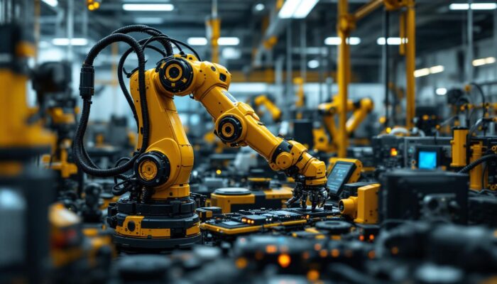 A photograph of a dynamic industrial setting showcasing an advanced robotic arm in action