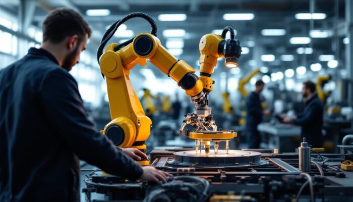 A photograph of a modern industrial setting featuring a robotic arm in action
