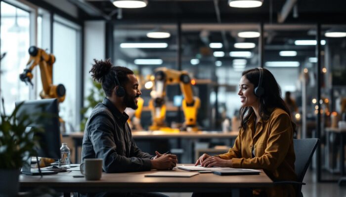 A photograph of a national grid customer service representative engaging with a customer in a modern office setting