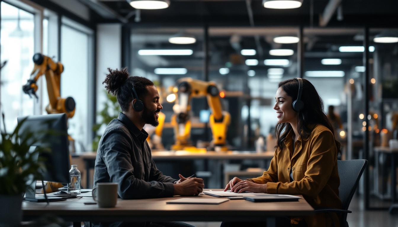 A photograph of a national grid customer service representative engaging with a customer in a modern office setting