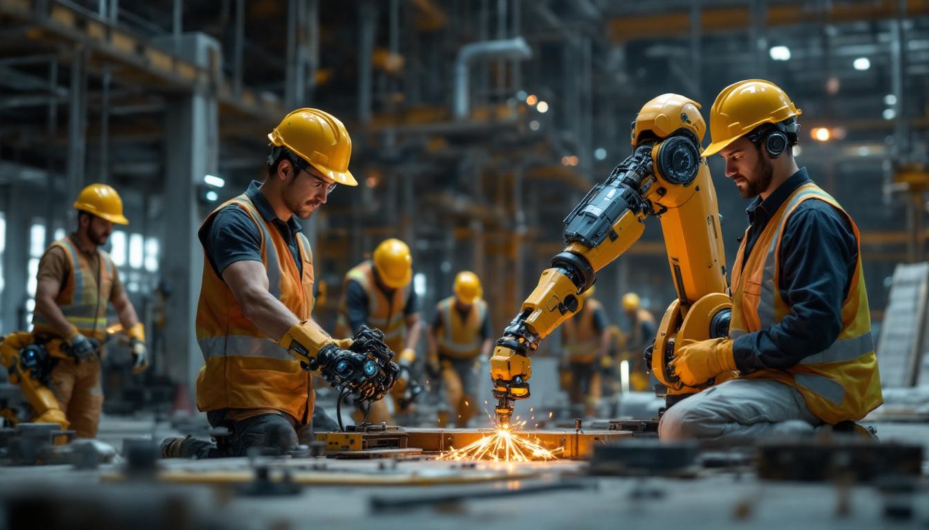 A photograph of a dynamic construction site featuring turner construction's team collaborating with advanced industrial robots