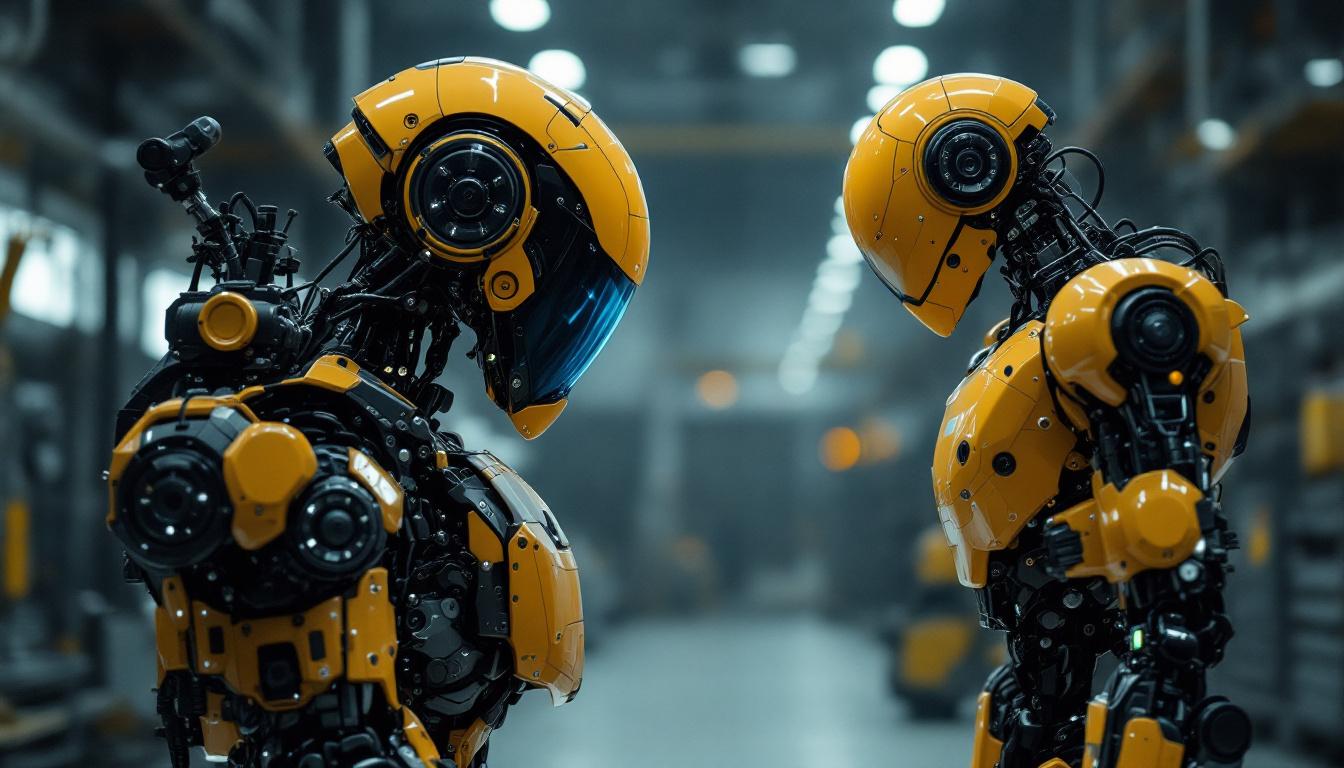 A photograph of a military robot in action alongside an industrial robot in a factory setting