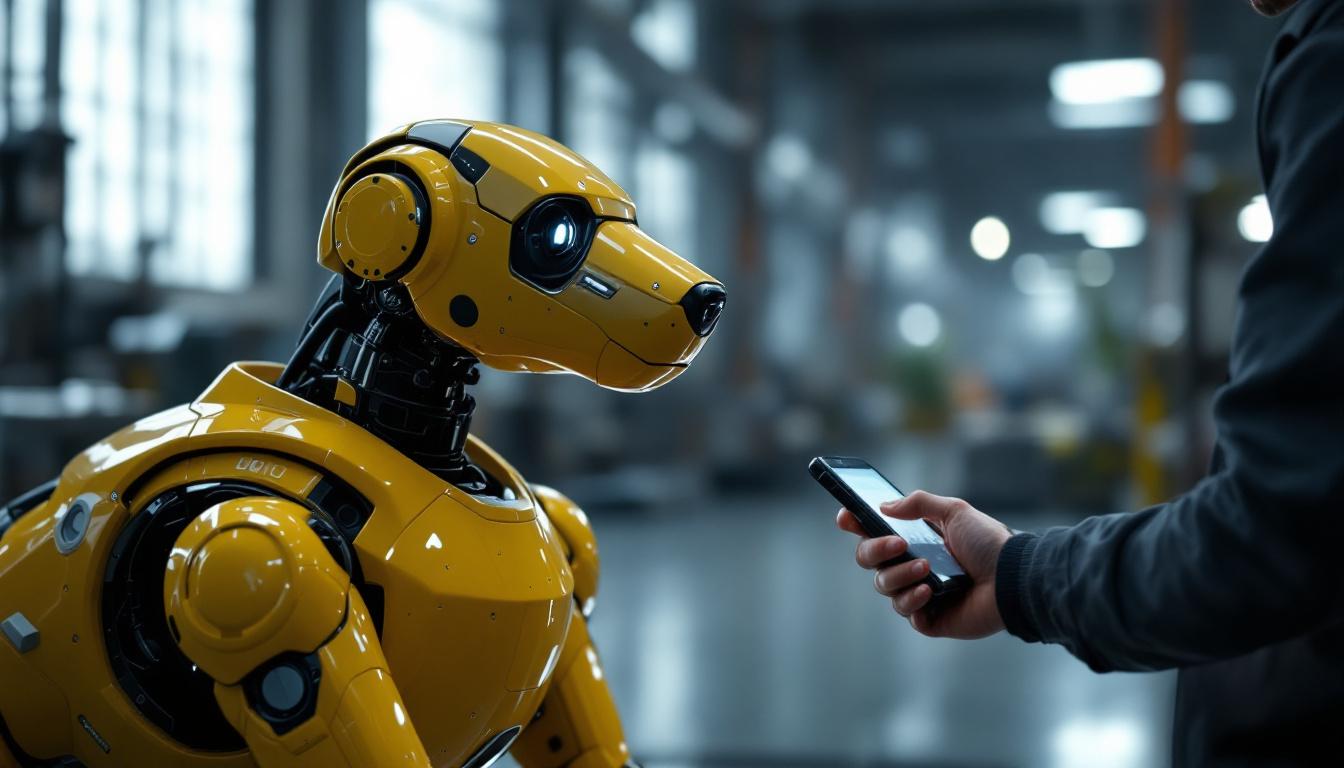 A photograph of a sleek robot dog being remotely controlled by a person in an industrial setting