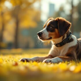 A photograph of a playful dog stretching in a sunlit park