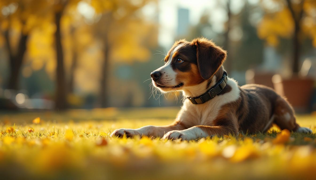 A photograph of a playful dog stretching in a sunlit park