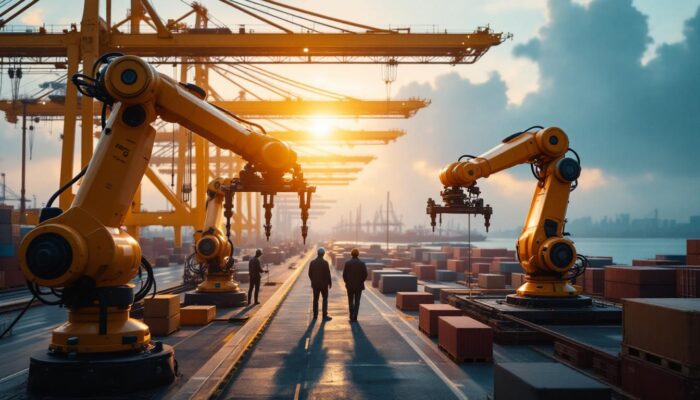 A photograph of a busy shipping port with industrial robots in action