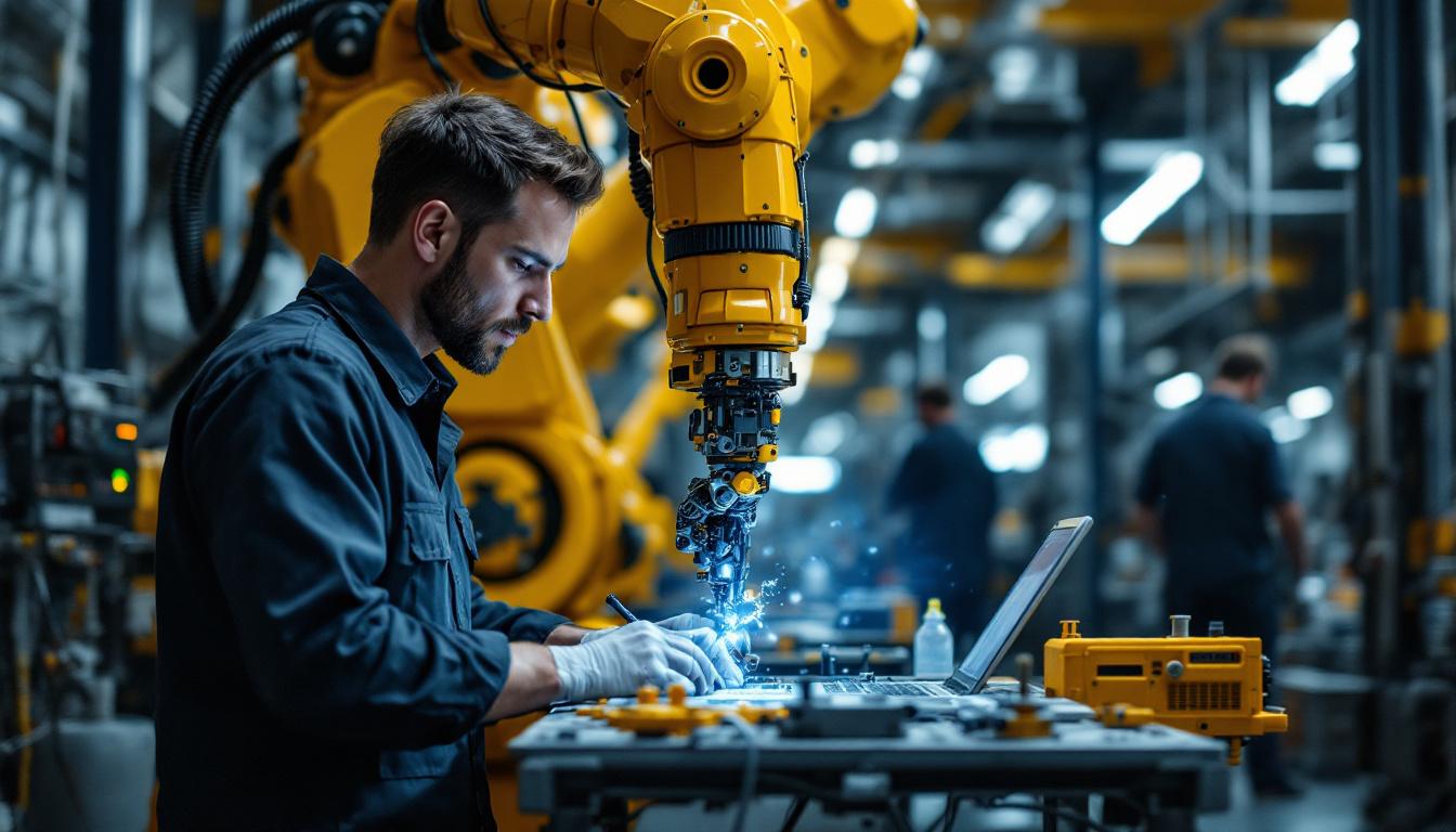 A photograph of a dynamic scene featuring an electrical engineer collaborating with a robotic arm in an industrial setting
