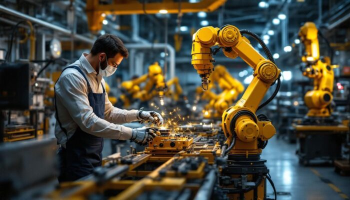 A photograph of a modern manufacturing facility showcasing industrial robots in action